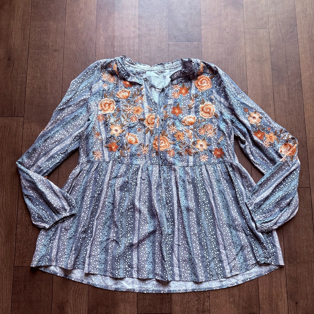 Savanna Jane Womens L  Blouse Tiunic Boho Micro Floral Embroidered Peplum Shirt